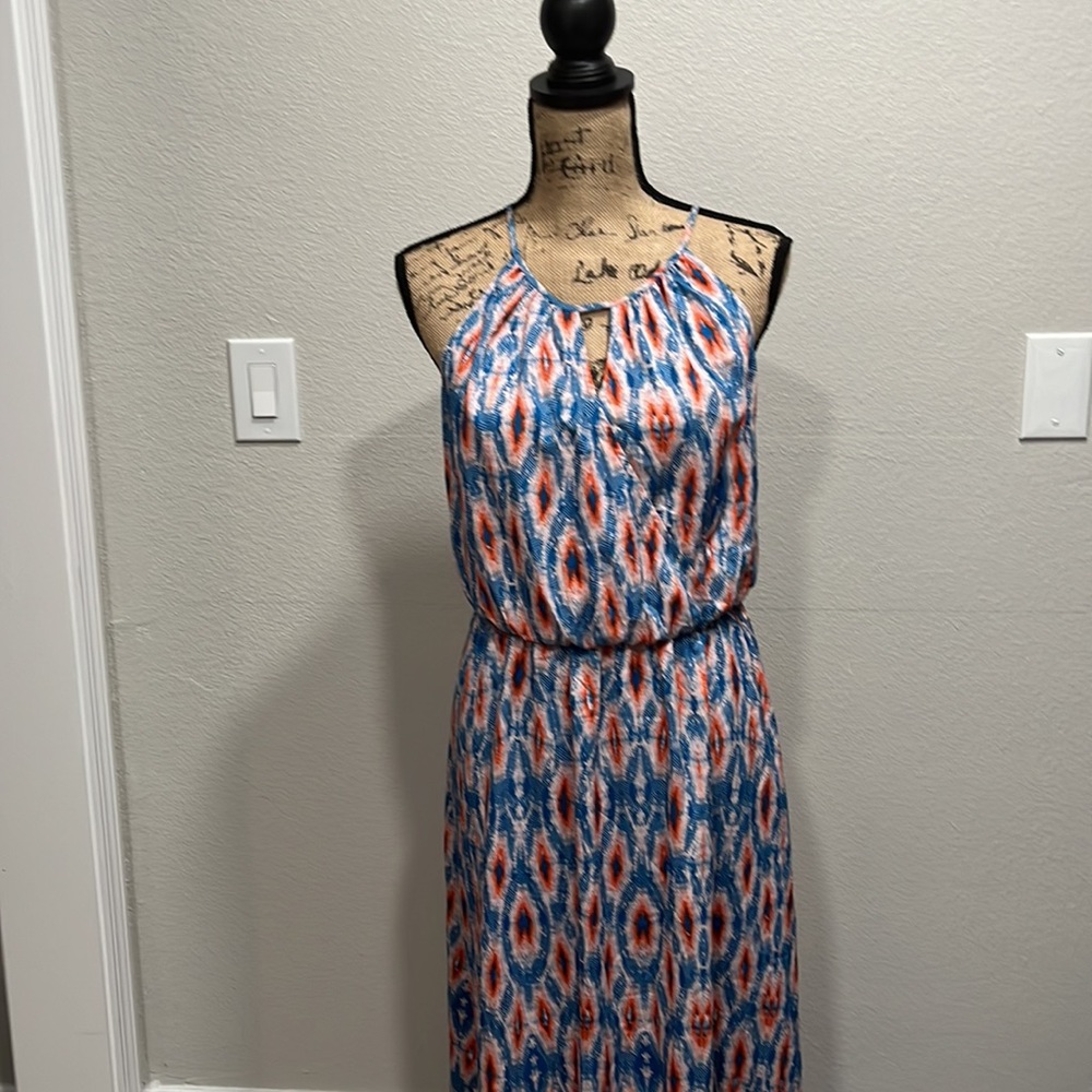 Beautiful wrap style pink and blue maxi dress